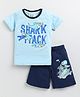 Little Marine Sea Theme Half Sleeves Shark With Surf Board & Sea Waves Printed Tee & Shorts - Blue