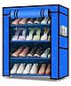 Fiddlerz Multipurpose 4 Shelves Shoe Rack Cabinet with Zip Door Cover Side Pockets Collapsible Shoes Shelf Shoerack Multiuse Storage Organizer for Footwear Toys Clothes(Non Woven Fabric) Blue