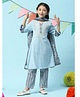 BIBA Three Fourth Sleeves Embroidered & Striped With Jaipuri Floral Printed Kurta & Slim Pant Suit Set - Blue