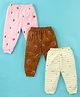 Mini Donuts Cotton Full Length Lounge Pants Stripes & Dino Print Pack Of 3 - Brown Peach & Yellow