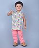 Polka Tots 100% Super Soft Cotton Sleeveless Multi Elephant Print Jhabla And Pant Set - White & Pink