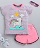 Little Marine Half Sleeves Striped Unicorn  Printed T Shirt with Shorts -White