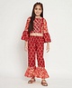 READIPRINT Three Fourth Bell Sleeves Seamless Moroccan  Design Printed And Kurta Lace Embellished Co Ordinating  Top And Pyjama - Red