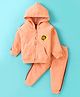 Little Darlings Fleece Full Sleeves Hooded Sweatshirt & Joggers Set With Embroidery - Orange