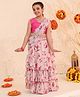 Pspeaches Sleeveless Mock Saree Style Mirror Work Embellished Choli With Flower Printed Layered Lehenga - Peach
