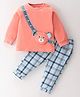 Wow Clothes Cotton Knit Full Sleeves T-Shirt & Lounge Pant Checks & Bear Applique - Peach