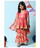 BIBA Half Sleeves Floral Printed & Gota Lace Embellished Kurta & Chevron Printed Gharara With Coordinating Dupatta - Carmine Pink