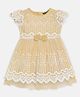 Bella Moda Cap Sleeves Striped Pattern And Swirl Design Embroidered Party Wear Dress  - Beige