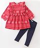 CrayonFlakes Polar Fleece Full Sleeves Jacquard Bands Designed Frill Detailed & Bow Embellished Dress With Leggings - Red