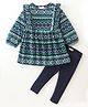 CrayonFlakes Polar Fleece Full Sleeves Jacquard Bands Designed Frill Detailed Fit & Flare Dress With Leggings - Navy Blue & Green