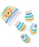 Babyhug 100% Cotton Knit Cap Mittens Booties Set  Striped & Lion  Print- Multicolour