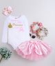 TINY MINY MEE Full Sleeves Glitter Embellished Typography Printed Onesie With Skirt & Bow Detailed Headband - Pink & White