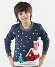 KNITCO Christmas Theme Full Sleeves House & Tree Woven Designed Sweater - Navy Blue