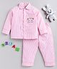 M'andy Full Sleeves Pin Striped Placement Cat Face Embroidered Night Suit - Pink