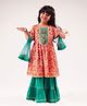 Lil' Drama Half Sleeves Lurex Striped & Floral Printed Chanderi Kurta & Sharara With Dupatta - Orange