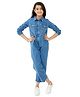 Olele Three Fourth Sleeves Solid Pocket Detailed Denim Jumpsuit - Blue