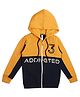 Earth Conscious Fleece Full Sleeves Placement Text & Colour Block Detailed Hooded Jacket - Golden  Yellow Navy Blue