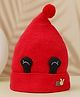 Yellow Bee Eye Applique And Pom Pom Detailed Beanie - Red