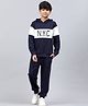Lil Tomatoes Full Sleeves Placement Text Printed Colour Block Detailed Light Weight Cotton Looper Track Suit - Navy Blue