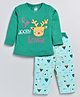 CUTOPIES Full Sleeves Reindeer Printed Tee With Leaves Printed Pant - Green