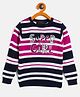 RVK Full Sleeves Striped Pattern & Super Girl Text Embroidered Cotton Pullover Sweater - Navy Blue