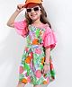 Ollington St. 100% Cotton Frill Sleeves Top And Printed Pinafore - Neon Pink & Green