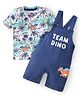 Babyhug 100% Cotton Knit Single Jersey Dungaree & Half Sleeves T-Shirt With Dino Print - White & Blue