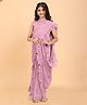 SHRITHI Fashion Fab Kids Supernet Embellished & Ruffled Hem Detailed Ready To Wear Shimmer Saree With Unstitched Blouse Piece - Pink