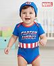 Babyhug Marvel Cotton Interlock Knit Half Sleeves Onesies With Cap & Captain America Graphics - Blue