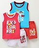 OHMS Single Jersey Knit Sleeveless T-Shirt & Shorts Set Text & Dino Print Pack of 2 - Red Blue & White