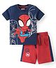 Babyhug Marvel Cotton Knit Half Sleeves T-Shirt & Shorts With Spiderman Front And Back Graphics - Navy Blue & Red