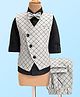 Robo Fry Cotton Woven Full Sleeves Checkered 3 Piece Party Suit with Bow & Waist Coat - Light Grey