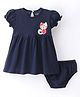 Doreme Single Jersey Half Sleeves Frock With Bloomer Cat Embroidery - Oxford Blue