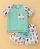 WOW Clothes Cotton Woven Half Sleeves T-Shirt & Shorts Set with Bear Print & Applique - Sea Green