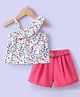 Kookie Kids Sleeveless Floral Printed Top with Solid Colour Shorts - Fuchsia