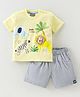 Little Kangaroos Cotton Woven Half Sleeves T-Shirt & Shorts Set with Animal Print & Applique - Lemon