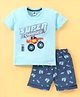 Teddy Sinker Knit Half Sleeves  T-Shirt & Shorts Set with Monster Truck  Print - Blue