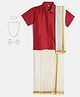THANGAMAGAN Viscose Half Sleeves  Solid Shirt With Mundu & Angavastram With Freebies Set - Red