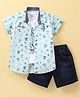 RUFF Woven Half Sleeves Printed Shirt & Denim Shorts Set With Inner Sleeveless T-Shirt - Sky Blue
