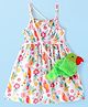 Babyhug Cotton Jersey Knit Singlet Sleeves Floral Print Frock With Parrot Sling Bag - White