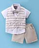 Little Kangaroos 100% Cotton Half Sleeves Shirt with Bow, Striped Waistcoat & Shorts Set - Khaki