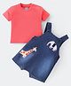 Little Kangaroos 100% Cotton Knit Half Sleeves T-Shirt & Dungarees Set with Animal Patch - Dark Blue