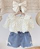 Lil Tomatoes Half Sleeves Polka Dots Printed Ruffled Cotton Top With  Denim Shorts -  White