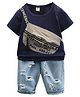 Lil Tomatoes Half Sleeves Tee With Bag Attached & Distressed Denim Bermuda Set - Navy Blue