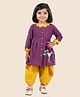 Junitos Pure Cotton Three Fourth Sleeves Swan Printed Kurta With Dhoti - Purple & Yellow