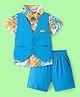 Ollington St. 100% Cotton Knitted Half Sleeves Leaf Printed Shirt & Shorts Set with Waist Coat & Bow - Multicolour