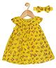 Creative Kids Cap Sleeves Floral  Printed Flared Dress With Coordinating Headband - Yellow & Pink