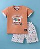 Teddy Sinker Knit Half Sleeves T-Shirt & Shorts Set with Airoplane Print - Brown