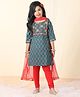 Kinder Kids Three Fourth Sleeves Floral Printed & Gota Lace Embellished Kurta Leggings & Dupatta Set - Blue & Red