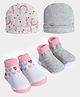 Mi Arcus Pack of 4 Floral  Printed Cap & Socks Set - White  Grey & Pink- Diameter 36 Cms